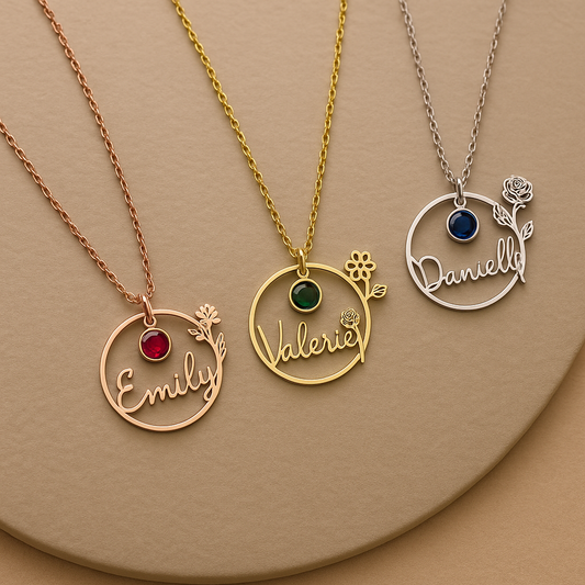 FLOWER WITH BIRTHSTONE NAME NECKLACE