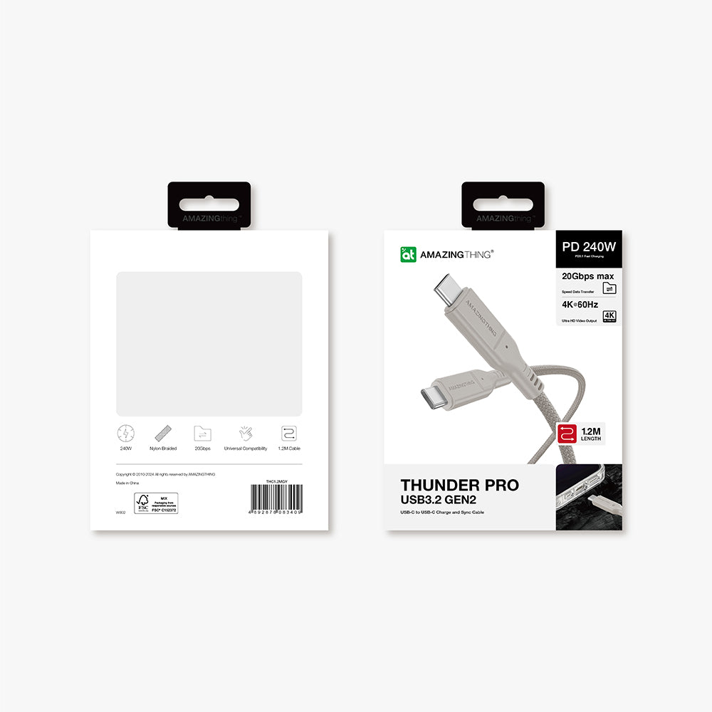 Amazingthing Thunder Pro USB3.2 Gen2 PD3.1 Port Korumalı Type-C to Type-C Kablo 120cm 240W 4K@60Hz Gri