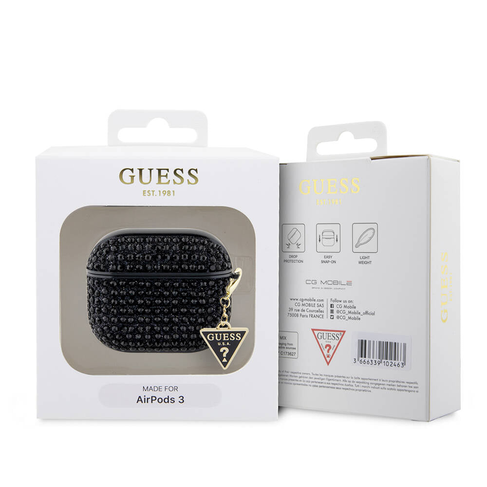 Apple Airpods 3rd Generation Case Guess Original Licensed Glitter Stone Coated Triangle Logo Ornament Chain Cover Pink