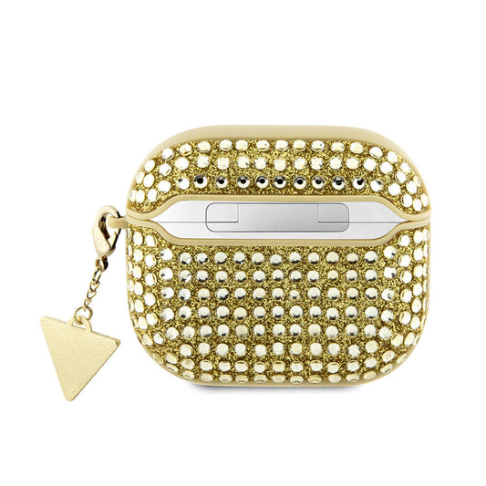 Apple Airpods 3. Nesil Kılıf Guess Orjinal Lisanslı Parıltılı Taş Kaplamalı Üçgen Logo Süs Zincirli Kapak Gold
