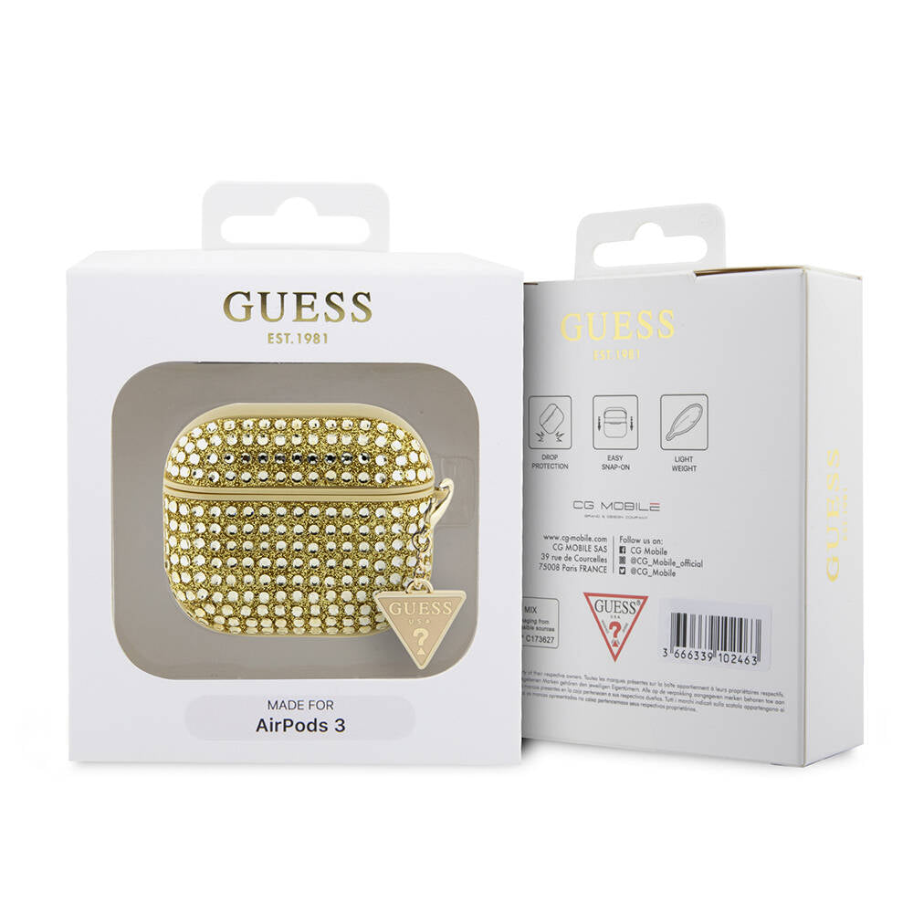 Apple Airpods 3rd Generation Case Guess Original Licensed Glitter Stone Coated Triangle Logo Ornament Chain Cover Pink