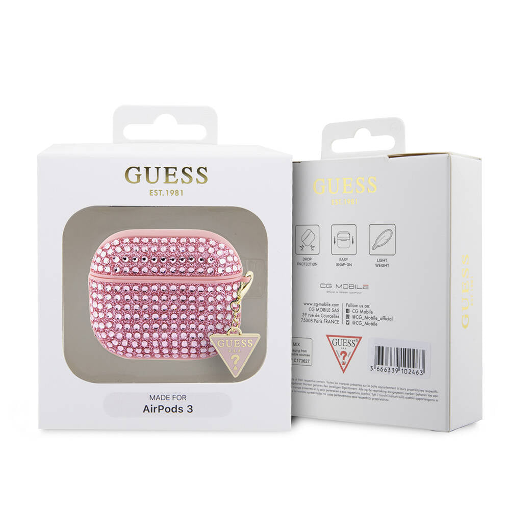 Apple Airpods 3rd Generation Case Guess Original Licensed Glitter Stone Coated Triangle Logo Ornament Chain Cover Pink