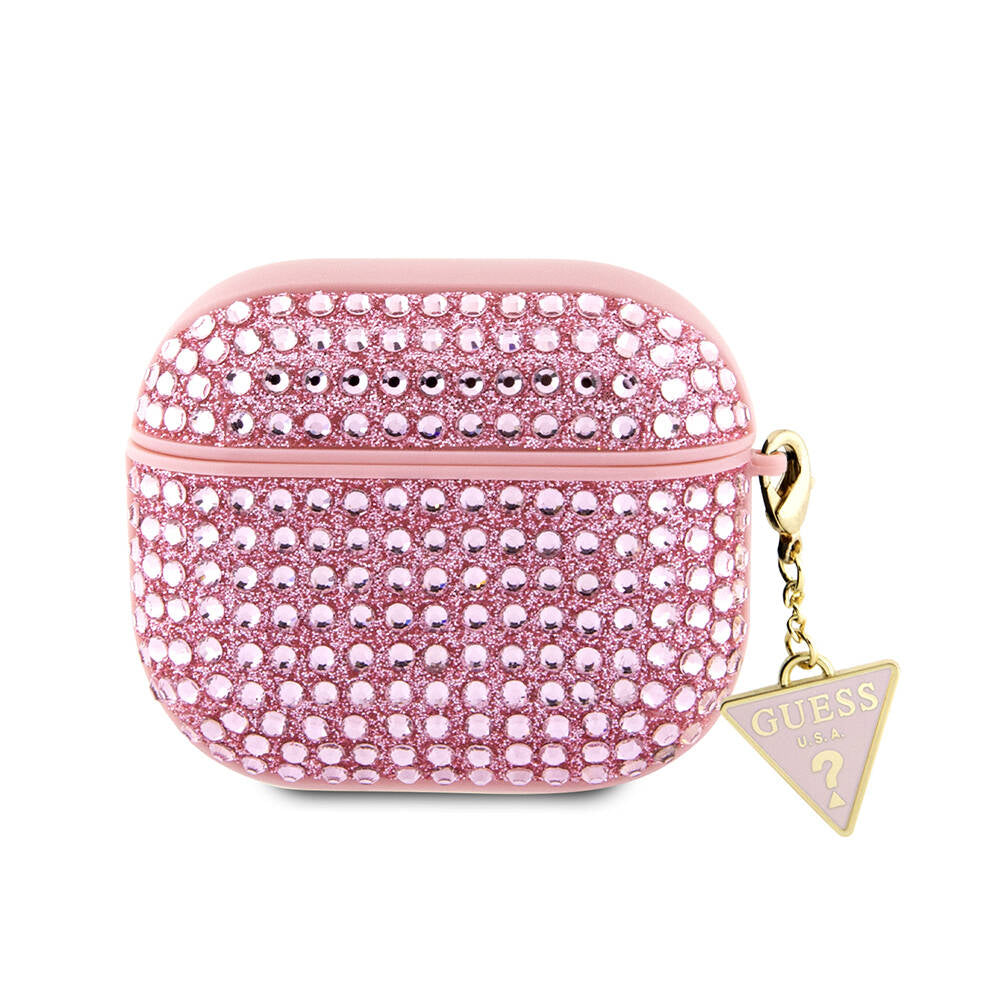 Apple Airpods 3rd Generation Case Guess Original Licensed Glitter Stone Coated Triangle Logo Ornament Chain Cover Pink
