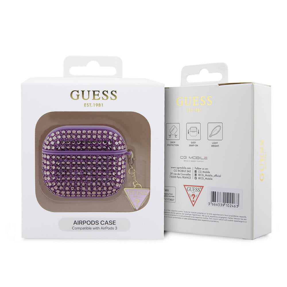 Apple Airpods 3rd Generation Case Guess Original Licensed Glitter Stone Coated Triangle Logo Ornament Chain Cover Pink