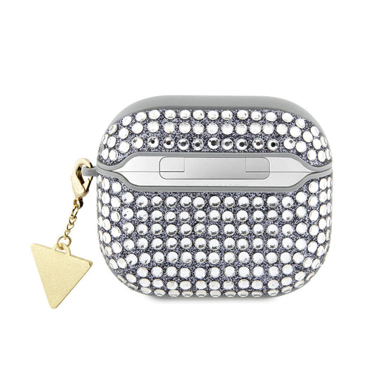 Apple Airpods 3. Nesil Kılıf Guess Orjinal Lisanslı Parıltılı Taş Kaplamalı Üçgen Logo Süs Zincirli Kapak Gümüş