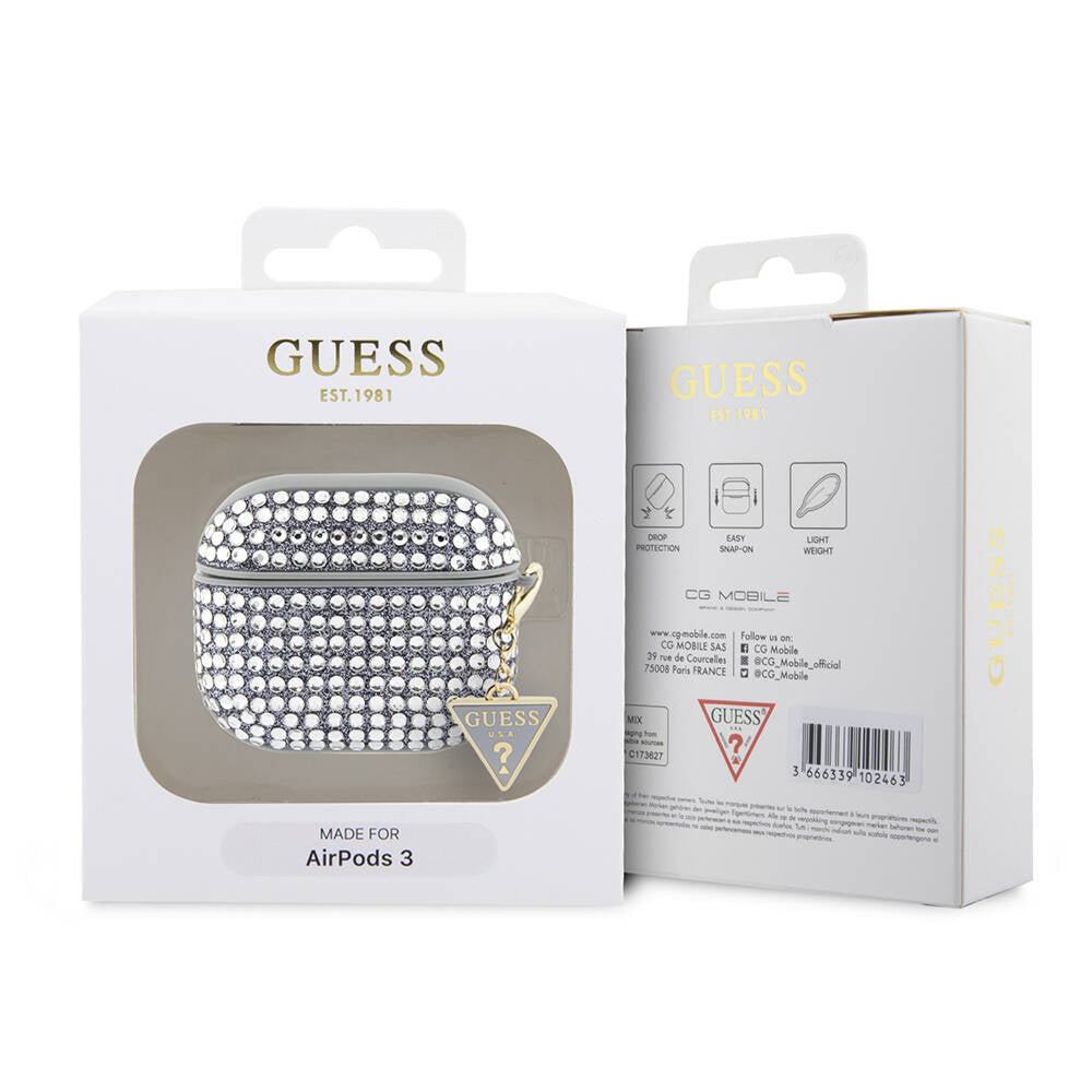 Apple Airpods 3rd Generation Case Guess Original Licensed Glitter Stone Coated Triangle Logo Ornament Chain Cover Pink