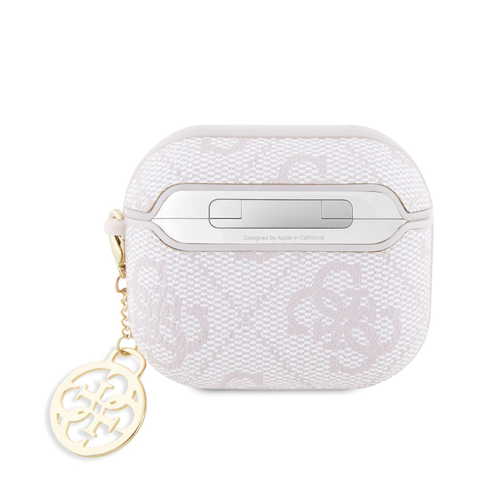 Apple Airpods 3rd Generation Case Guess Original Licensed 4G Patterned Metal Script Logo 4G Charm PU Leather Cover Pink