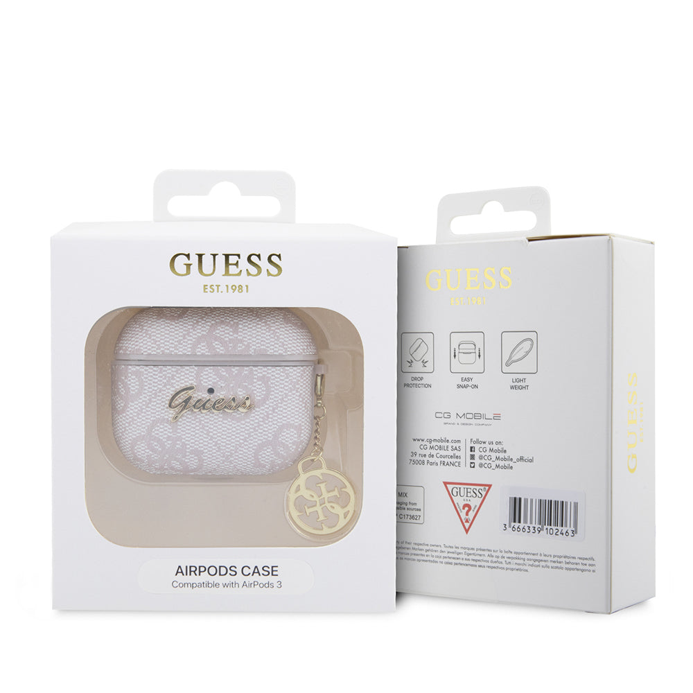 Apple Airpods 3rd Generation Case Guess Original Licensed 4G Patterned Metal Script Logo 4G Charm PU Leather Cover Pink