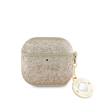 Apple Airpods 4 Kılıf Guess Orjinal Lisanslı Glitter Elmas Kalp Süs Zincirli Kapak Gold