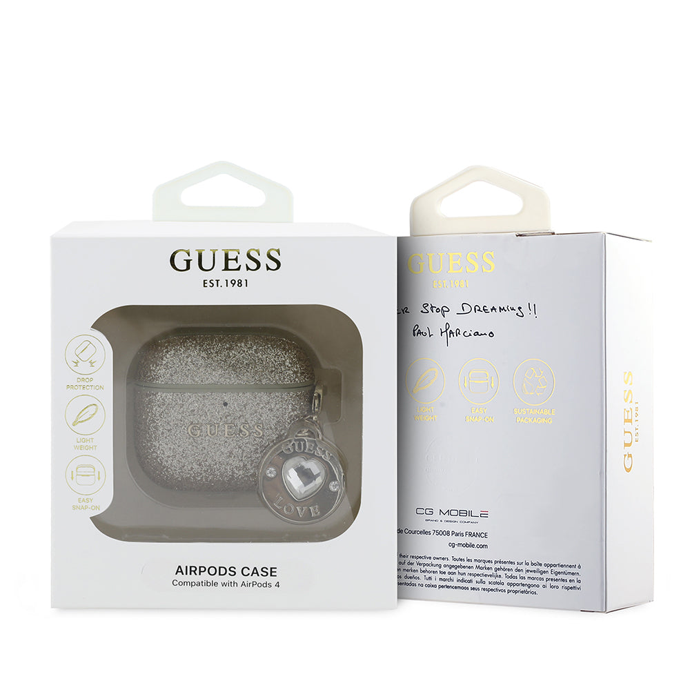 Apple Airpods 4 Case Guess Original Licensed Glitter Diamond Heart Ornament Chain Cover Black