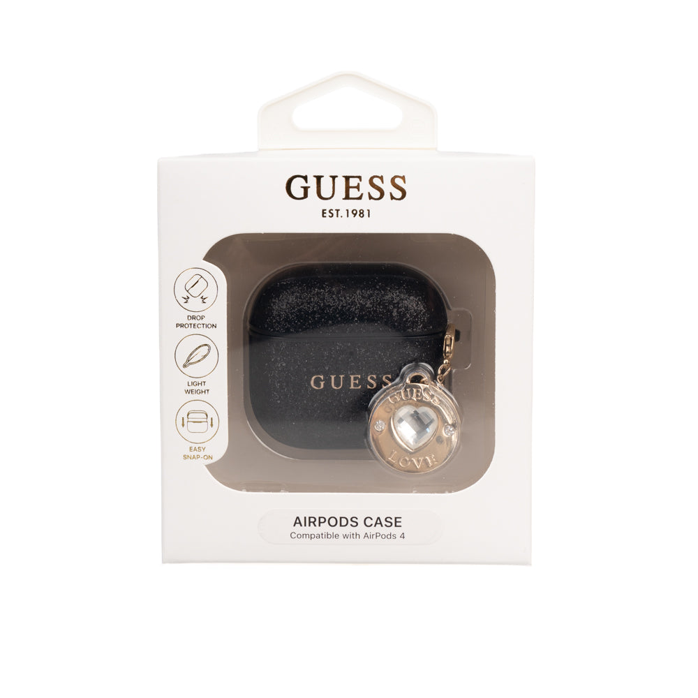 Apple Airpods 4 Case Guess Original Licensed Glitter Diamond Heart Ornament Chain Cover Black