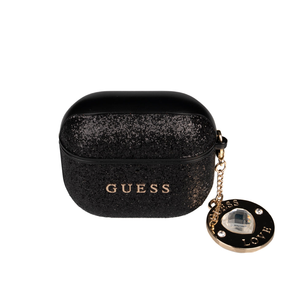 Apple Airpods 4 Case Guess Original Licensed Glitter Diamond Heart Ornament Chain Cover Black