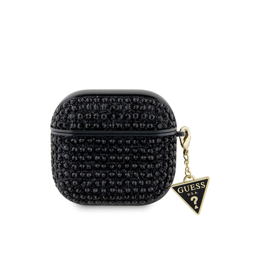 Apple Airpods 4 Kılıf Guess Orjinal Lisanslı Parıltılı Taş Kaplamalı Üçgen Logo Süs Zincirli Kapak Siyah