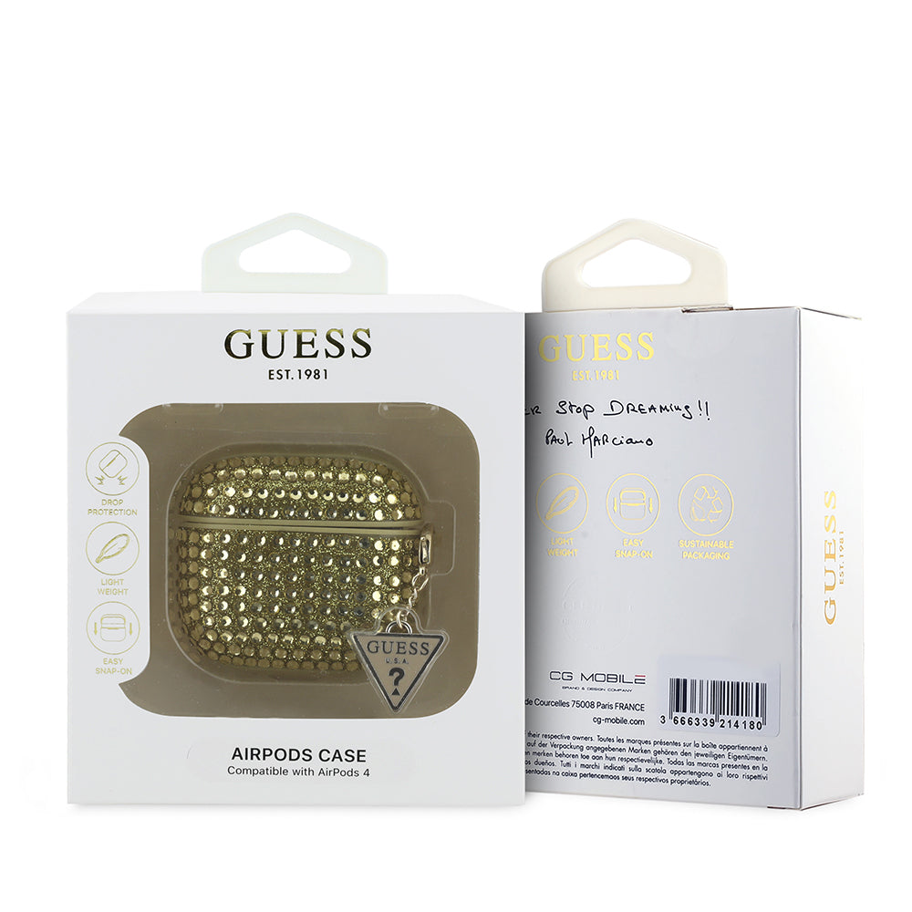 Apple Airpods 4 Case Guess Original Licensed Glitter Stone Coated Triangle Logo Ornament Chain Cover Pink