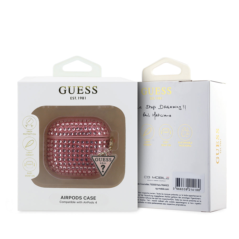 Apple Airpods 4 Case Guess Original Licensed Glitter Stone Coated Triangle Logo Ornament Chain Cover Silver