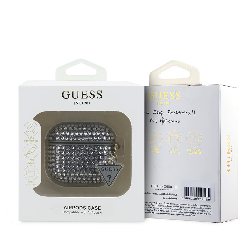 Apple Airpods 4 Case Guess Original Licensed Glitter Stone Coated Triangle Logo Ornament Chain Cover Silver