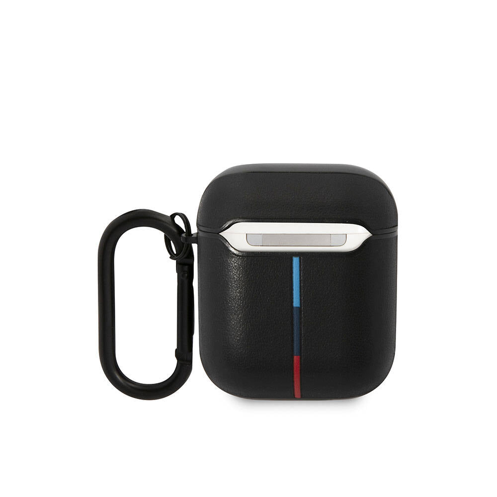 Apple Airpods Case BMW Original Licensed PU Leather Design 3 Color Striped Double Metal Logo Cover Black