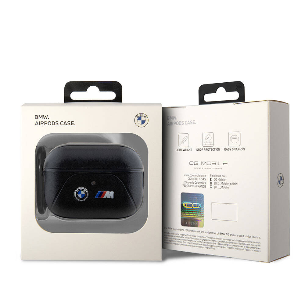 Apple Airpods Case BMW Original Licensed PU Leather Design 3 Color Striped Double Metal Logo Cover Black