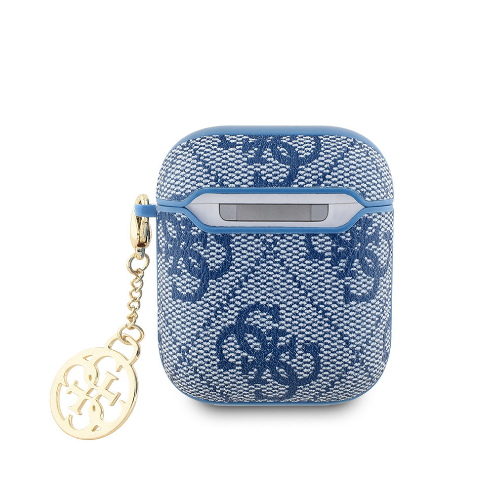 Apple Airpods Case Guess Original Licensed 4G Patterned Metal Script Logo 4G Charm PU Leather Cover Blue