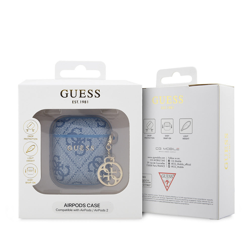 Apple Airpods Case Guess Original Licensed 4G Patterned Metal Script Logo 4G Charm PU Leather Cover Blue