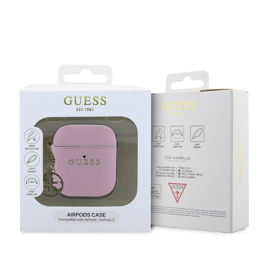 Apple Airpods Case Guess Original Licensed Textured 4G Round Ornament Chain Saffiano Case Pink