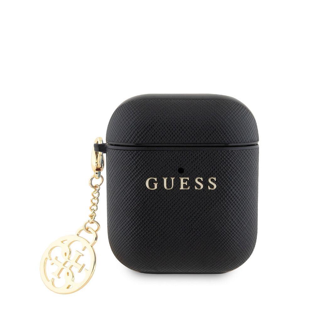 Apple Airpods Case Guess Original Licensed Textured 4G Round Ornament Chain Saffiano Case Black