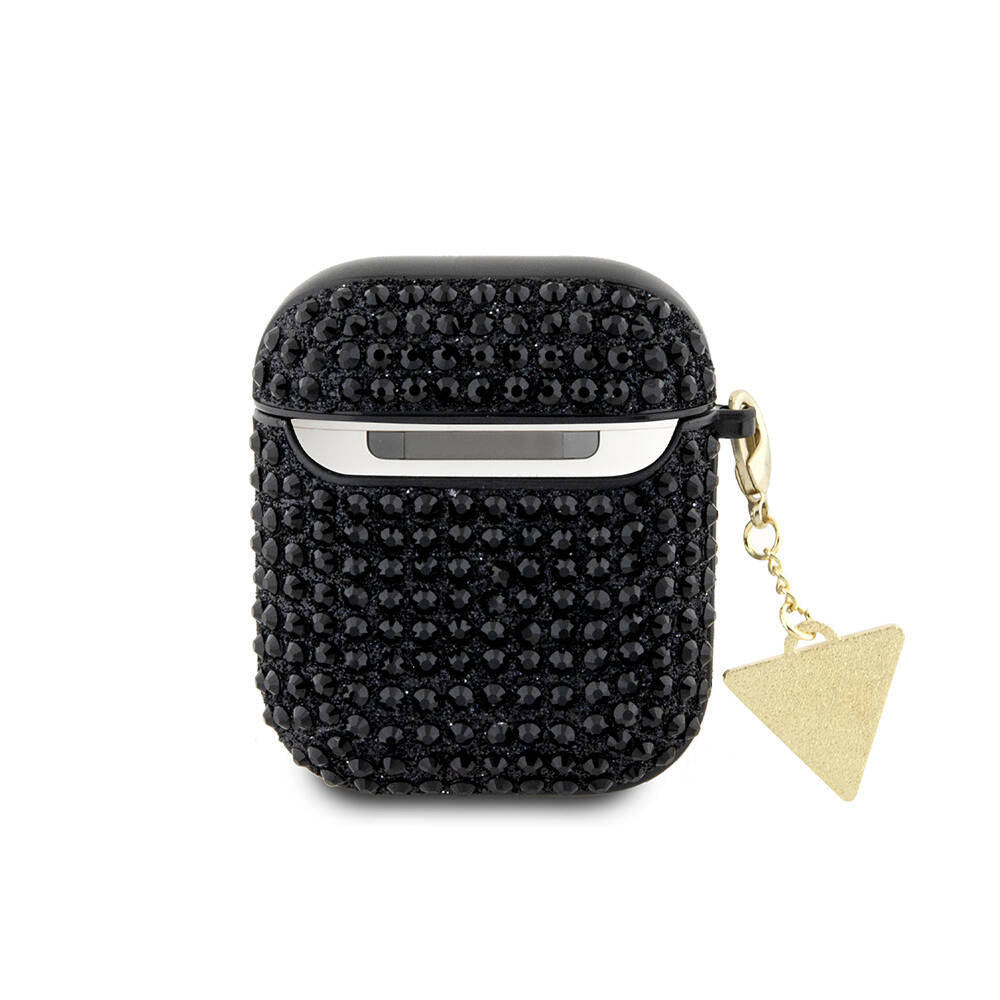 Apple Airpods Case Guess Original Licensed Glitter Stone Coated Triangle Logo Ornament Chain Cover Pink