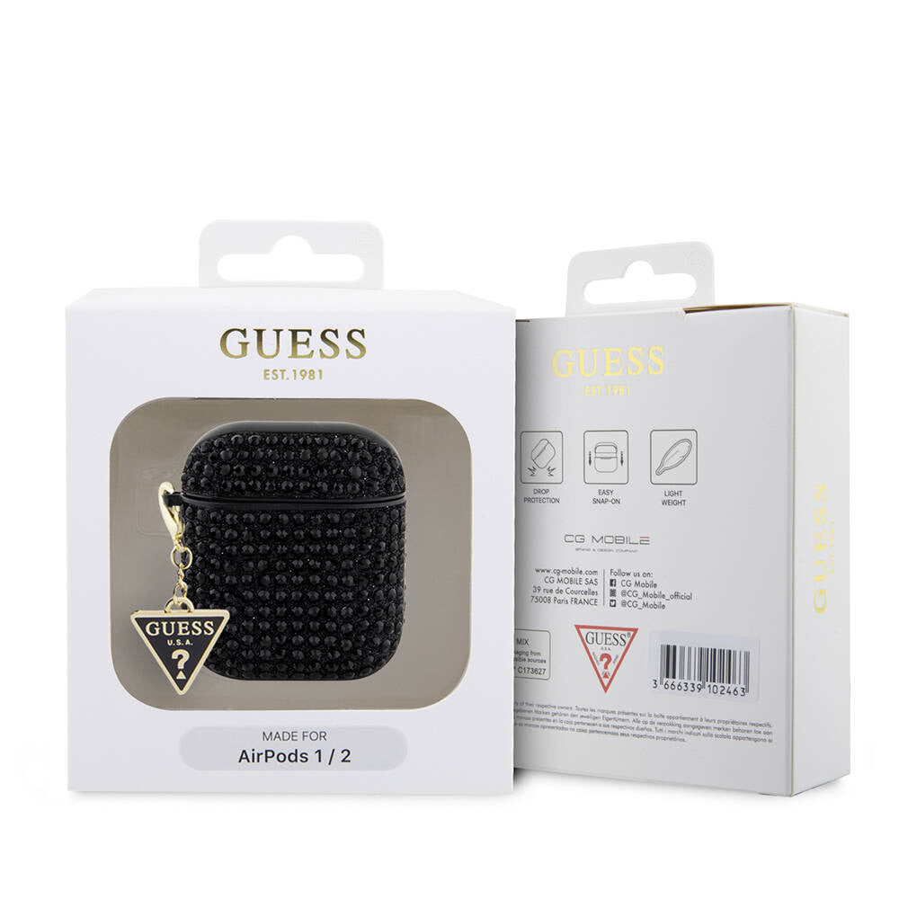 Apple Airpods Case Guess Original Licensed Glitter Stone Coated Triangle Logo Ornament Chain Cover Khaki
