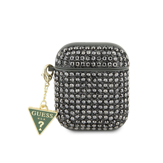 Apple Airpods Kılıf Guess Orjinal Lisanslı Parıltılı Taş Kaplamalı Üçgen Logo Süs Zincirli Kapak Haki