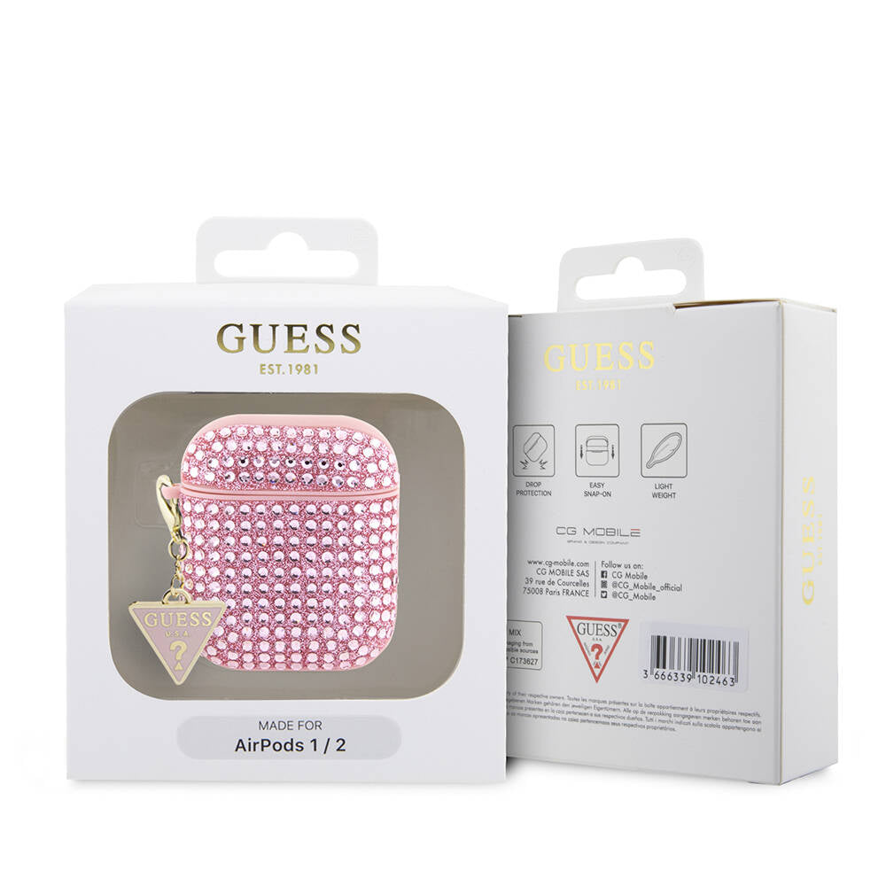 Apple Airpods Case Guess Original Licensed Glitter Stone Coated Triangle Logo Ornament Chain Cover Pink