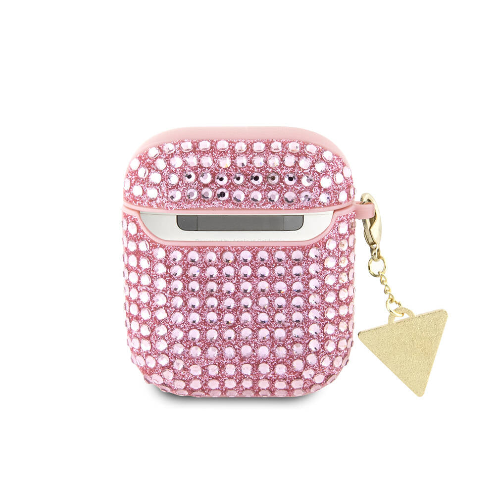 Apple Airpods Case Guess Original Licensed Glitter Stone Coated Triangle Logo Ornament Chain Cover Pink