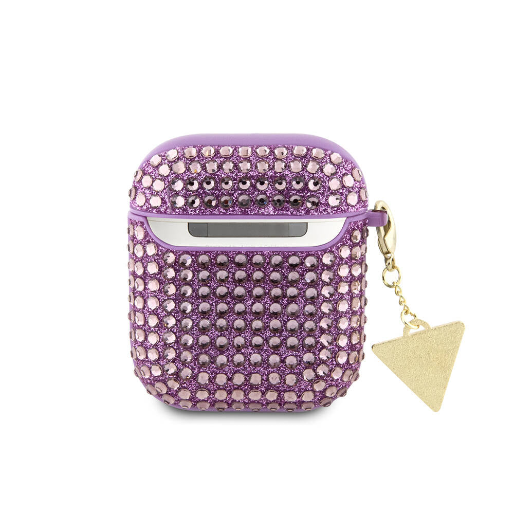Apple Airpods Case Guess Original Licensed Glitter Stone Coated Triangle Logo Ornament Chain Cover Purple
