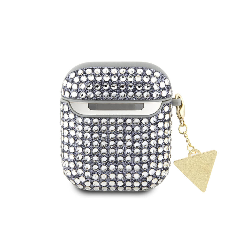 Apple Airpods Case Guess Original Licensed Glitter Stone Coated Triangle Logo Ornament Chain Cover Silver