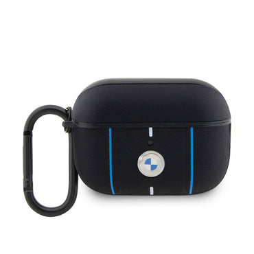 Apple Airpods Pro 2 Kılıf BMW Orjinal Lisanslı PU Deri Mavi Beyaz Çizgili Metal Logolu Kapak Siyah