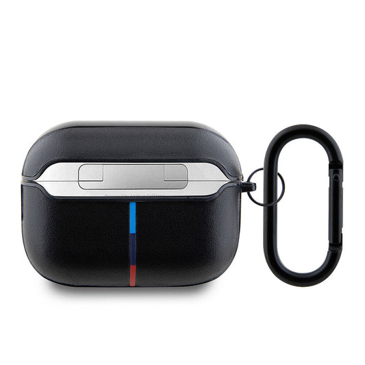 Apple Airpods Pro 2 Kılıf BMW Orjinal Lisanslı PU Deri Tasarımlı 3 Renk Çizgili Çift Metal Logolu Kapak Siyah