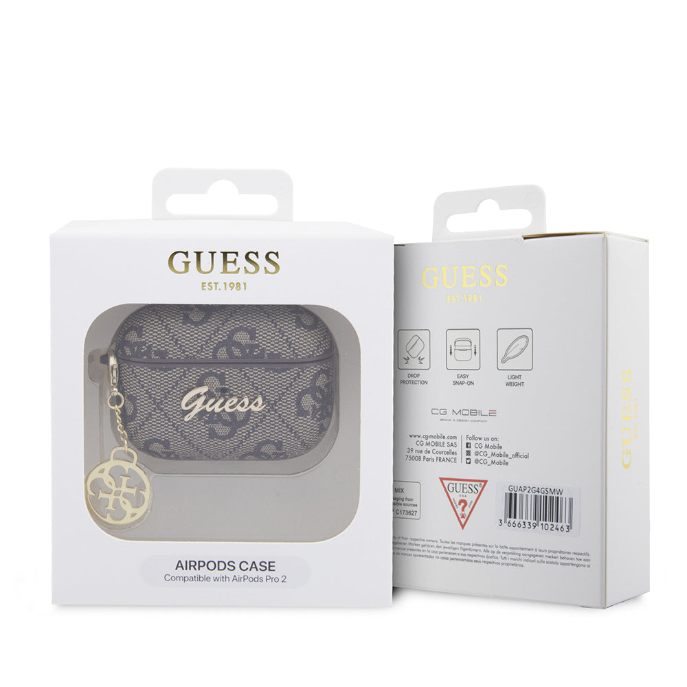 Apple Airpods Pro 2 Case Guess Original Licensed 4G Patterned Metal Script Logo 4G Charm PU Leather Cover Pink