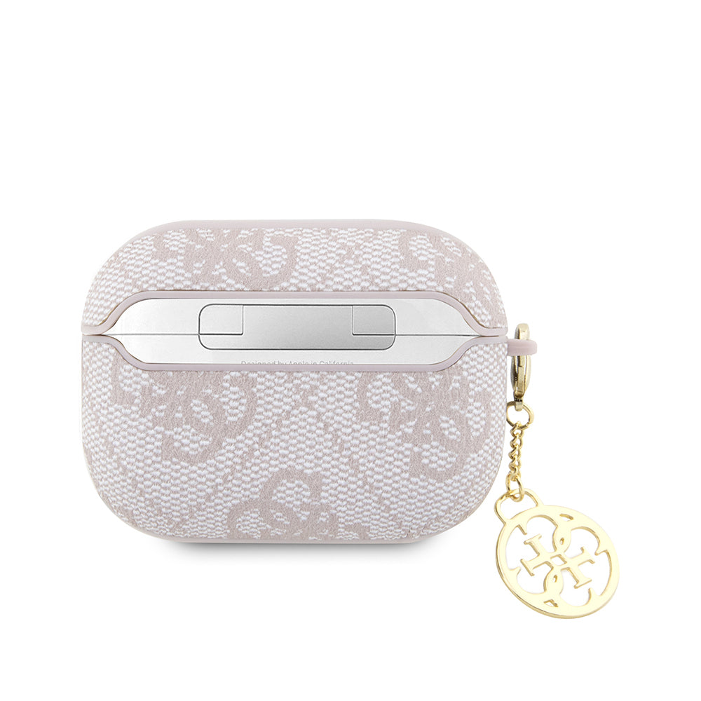 Apple Airpods Pro 2 Case Guess Original Licensed 4G Patterned Metal Script Logo 4G Charm PU Leather Cover Pink
