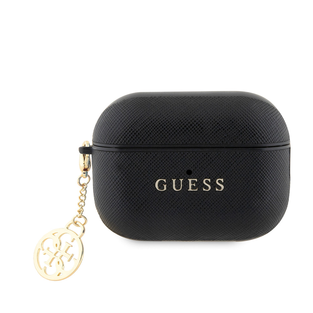 Apple Airpods Pro 2 Case Guess Original Licensed Textured 4G Round Ornament Chain Saffiano Case Black