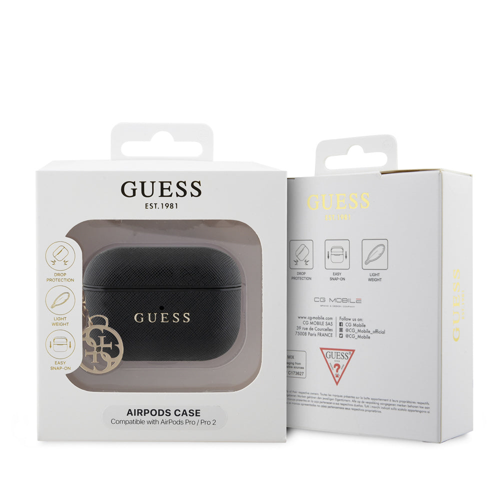 Apple Airpods Pro 2 Case Guess Original Licensed Textured 4G Round Ornament Chain Saffiano Case Black