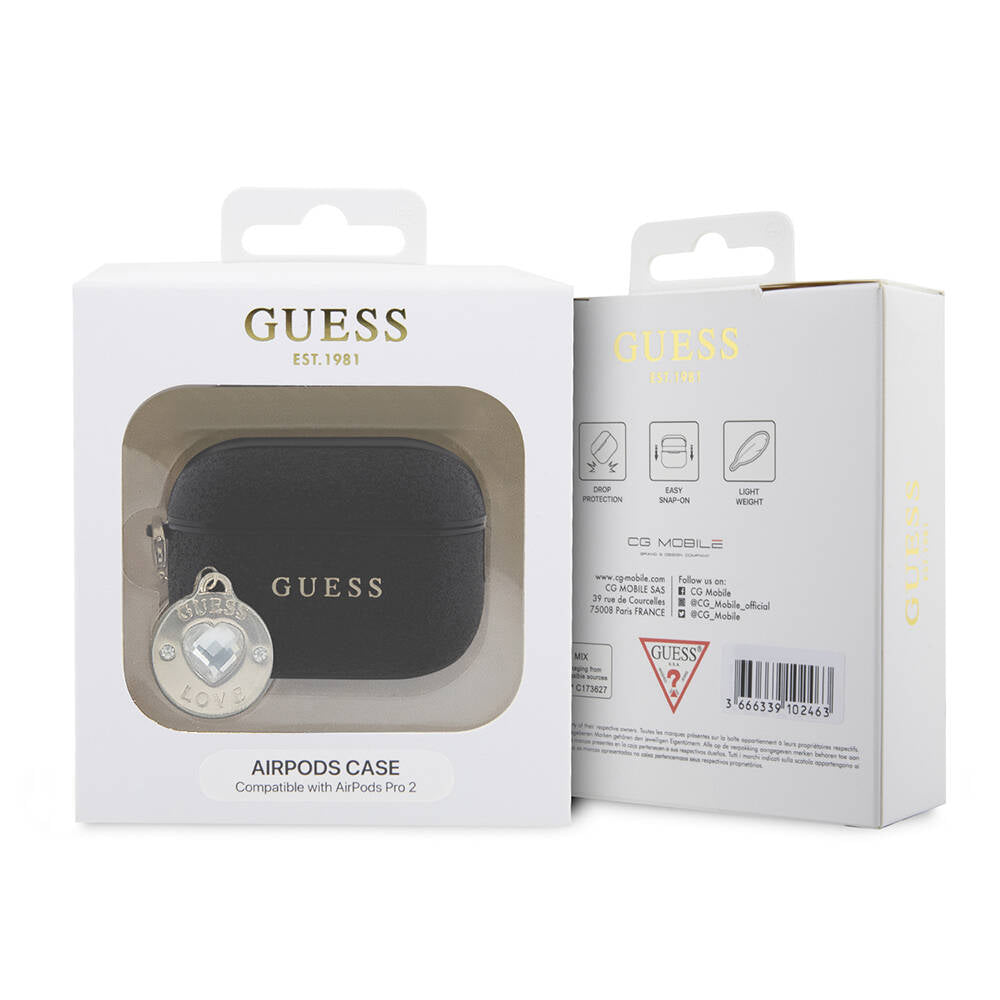 Apple Airpods Pro 2 Case Guess Original Licensed Glitter Diamond Heart Ornament Chain Cover Black