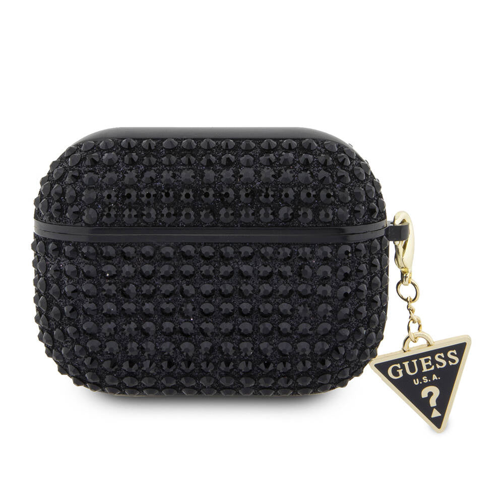 Apple Airpods Pro 2 Case Guess Original Licensed Glitter Stone Coated Triangle Logo Ornament Chain Cover Black