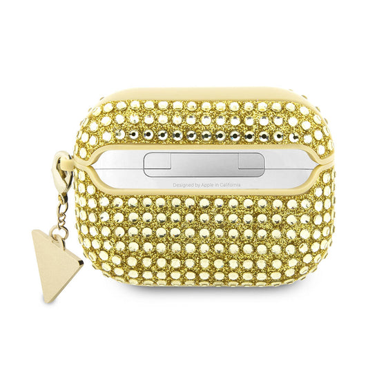 Apple Airpods Pro 2 Kılıf Guess Orjinal Lisanslı Parıltılı Taş Kaplamalı Üçgen Logo Süs Zincirli Kapak Gold