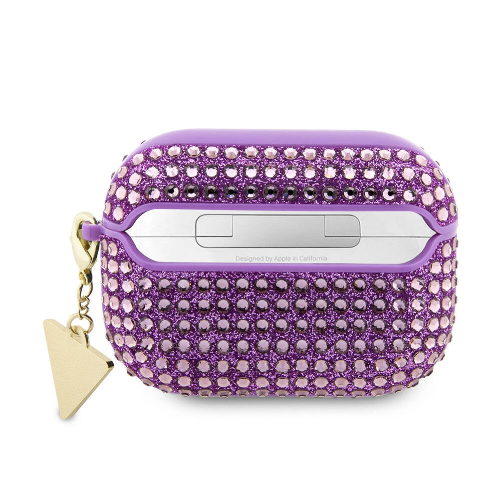 Apple Airpods Pro 2 Case Guess Original Licensed Glitter Stone Coated Triangle Logo Ornament Chain Cover Purple