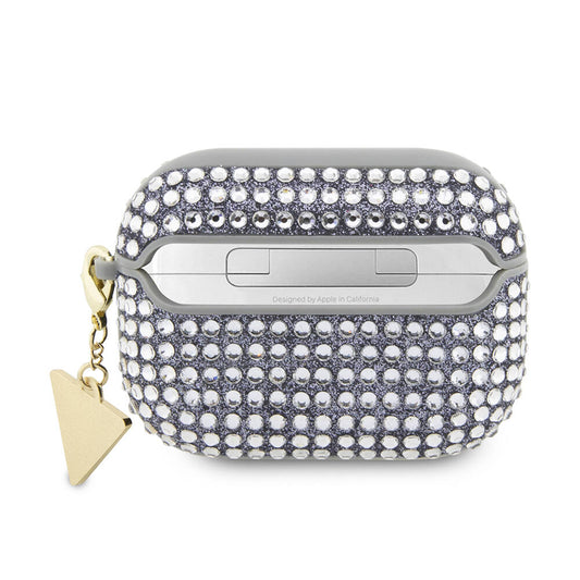 Apple Airpods Pro 2 Kılıf Guess Orjinal Lisanslı Parıltılı Taş Kaplamalı Üçgen Logo Süs Zincirli Kapak Gümüş