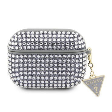 Apple Airpods Pro 2 Kılıf Guess Orjinal Lisanslı Parıltılı Taş Kaplamalı Üçgen Logo Süs Zincirli Kapak Haki