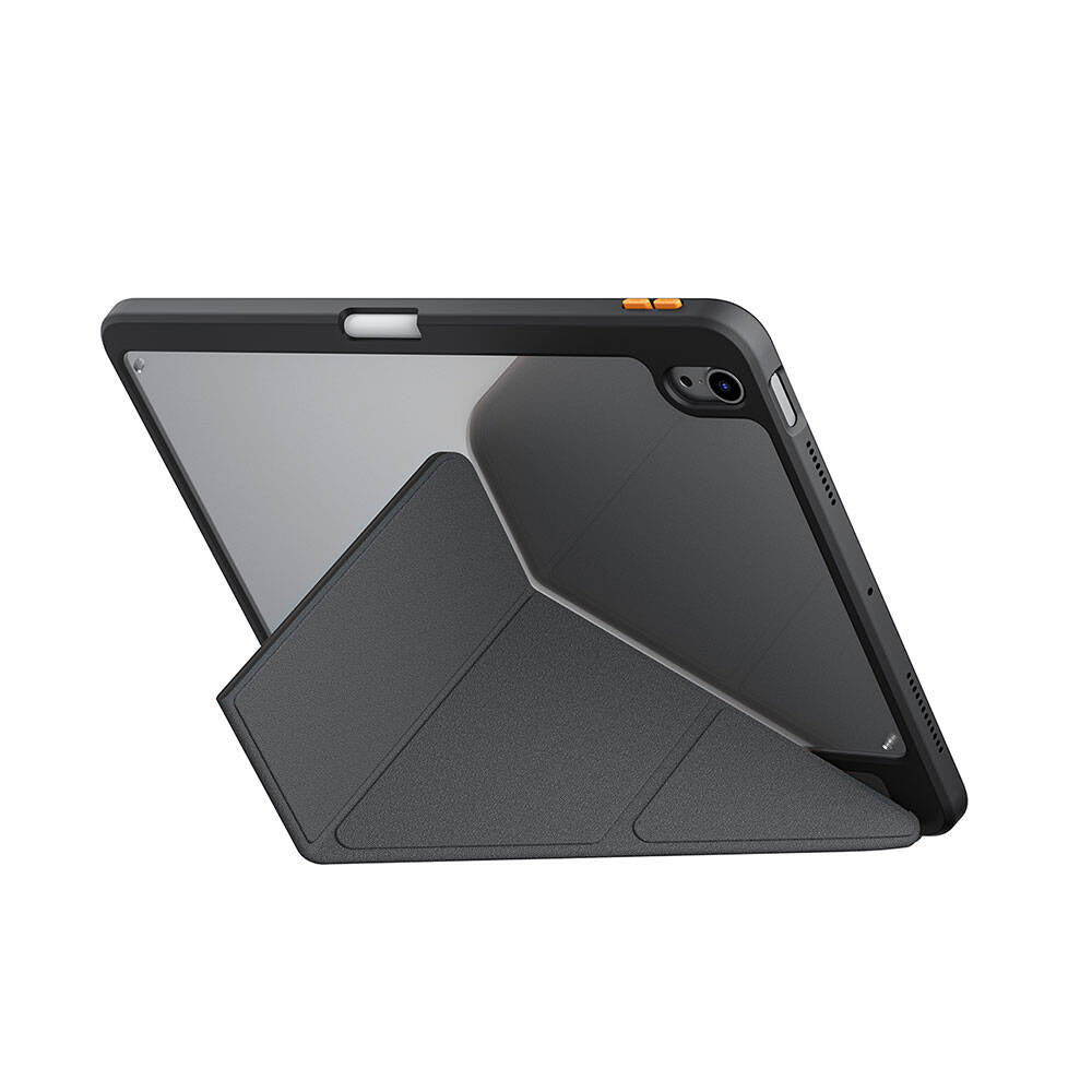 Apple iPad Air 11 2024 Kılıf SkinArma Kabartma Baskı Tasarımlı 360 Tam Koruma Arkası Şeffaf Standlı Gamma Kılıf Siyah