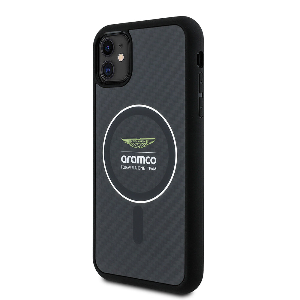 Apple iPhone 11 Case Aston Martin Original Licensed M-Safe Charging Feature Colored Ring and Carbon Fiber Design Cover Black-Silver