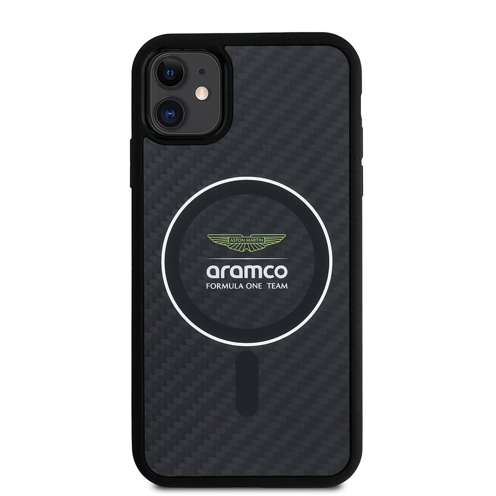 Apple iPhone 11 Case Aston Martin Original Licensed M-Safe Charging Feature Colored Ring and Carbon Fiber Design Cover Black-Silver