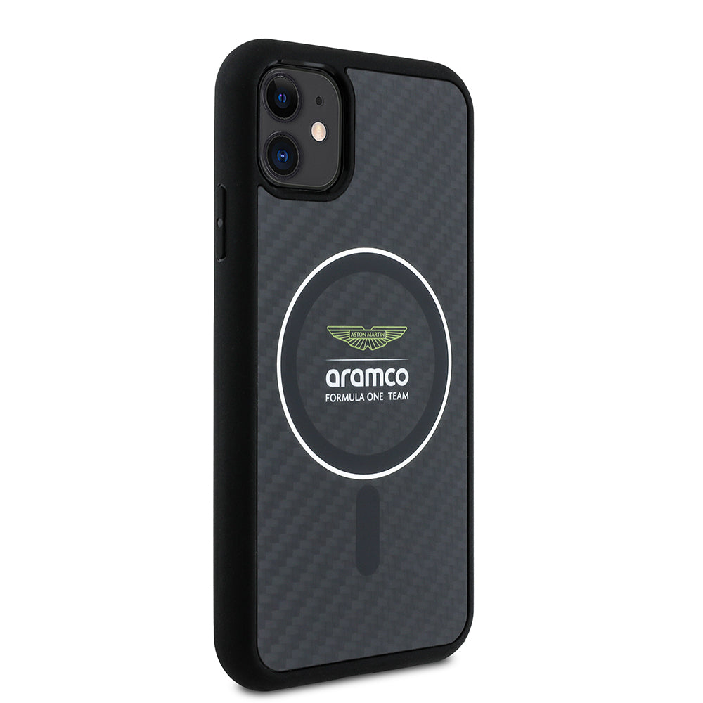 Apple iPhone 11 Case Aston Martin Original Licensed M-Safe Charging Feature Colored Ring and Carbon Fiber Design Cover Black-Silver