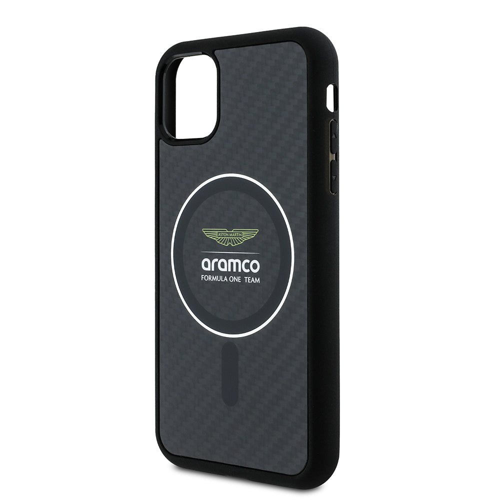 Apple iPhone 11 Case Aston Martin Original Licensed M-Safe Charging Feature Colored Ring and Carbon Fiber Design Cover Black-Silver